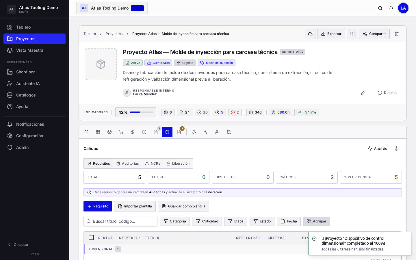 Módulo de Calidad en Industric con requisitos y liberación